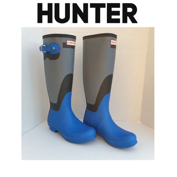 Hunter Wm's Original Tall Wellington Shadow Print Rainboots Grey, Bucket Blue  7 - Picture 16 of 16